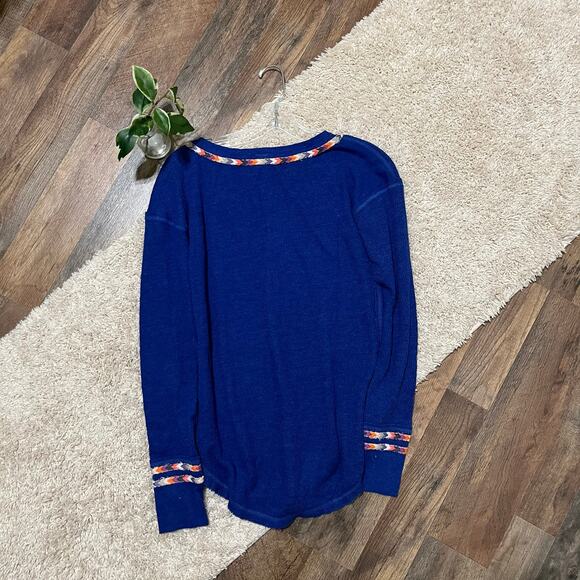 Free People We The Free Size Small Blue Henley Embroidered Rainbow Thermal Top - Picture 5 of 6
